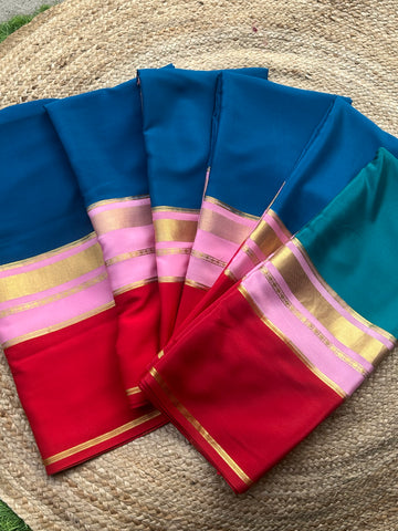 Peacock blue pink and red 3D pure crepe Mysore Silk sarees