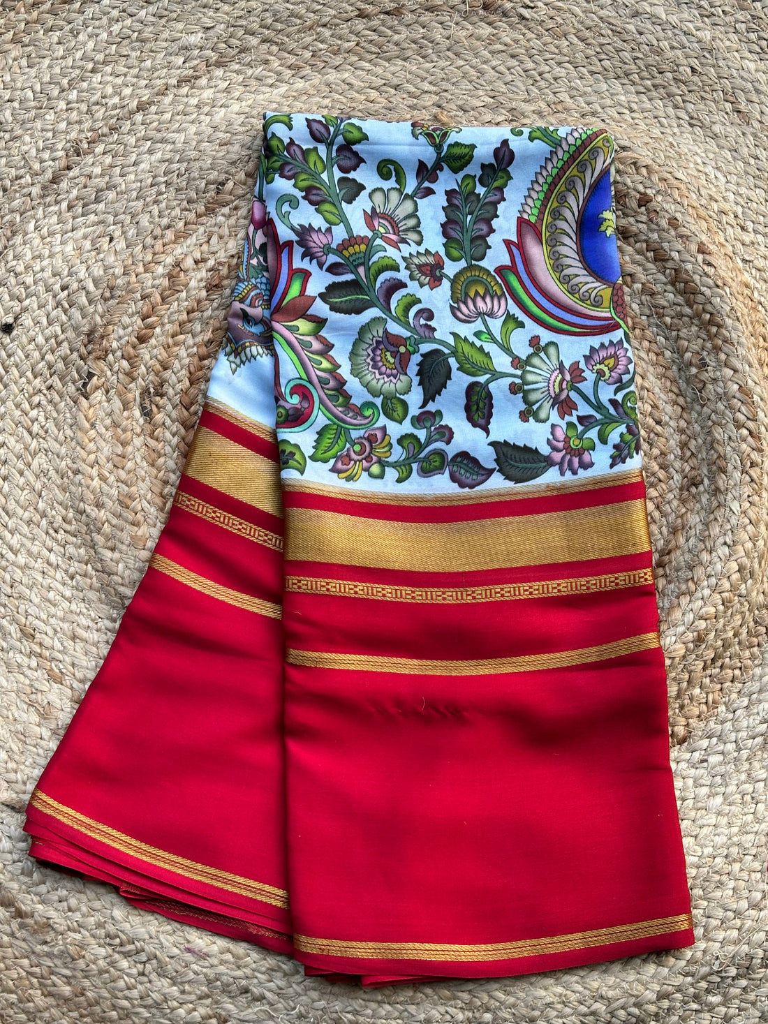 Red Sea blue digital prints pure crepe Mysore Silk sarees 120 gsm