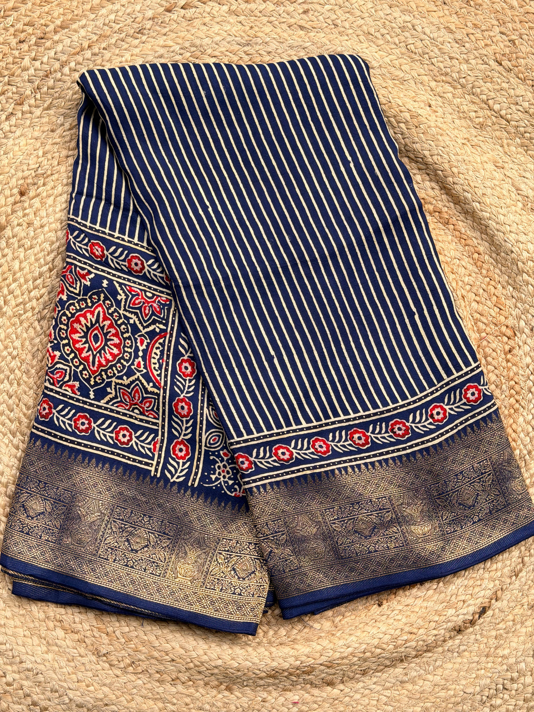 Deep blue ajrak dola silk with vertical stripes premium zari