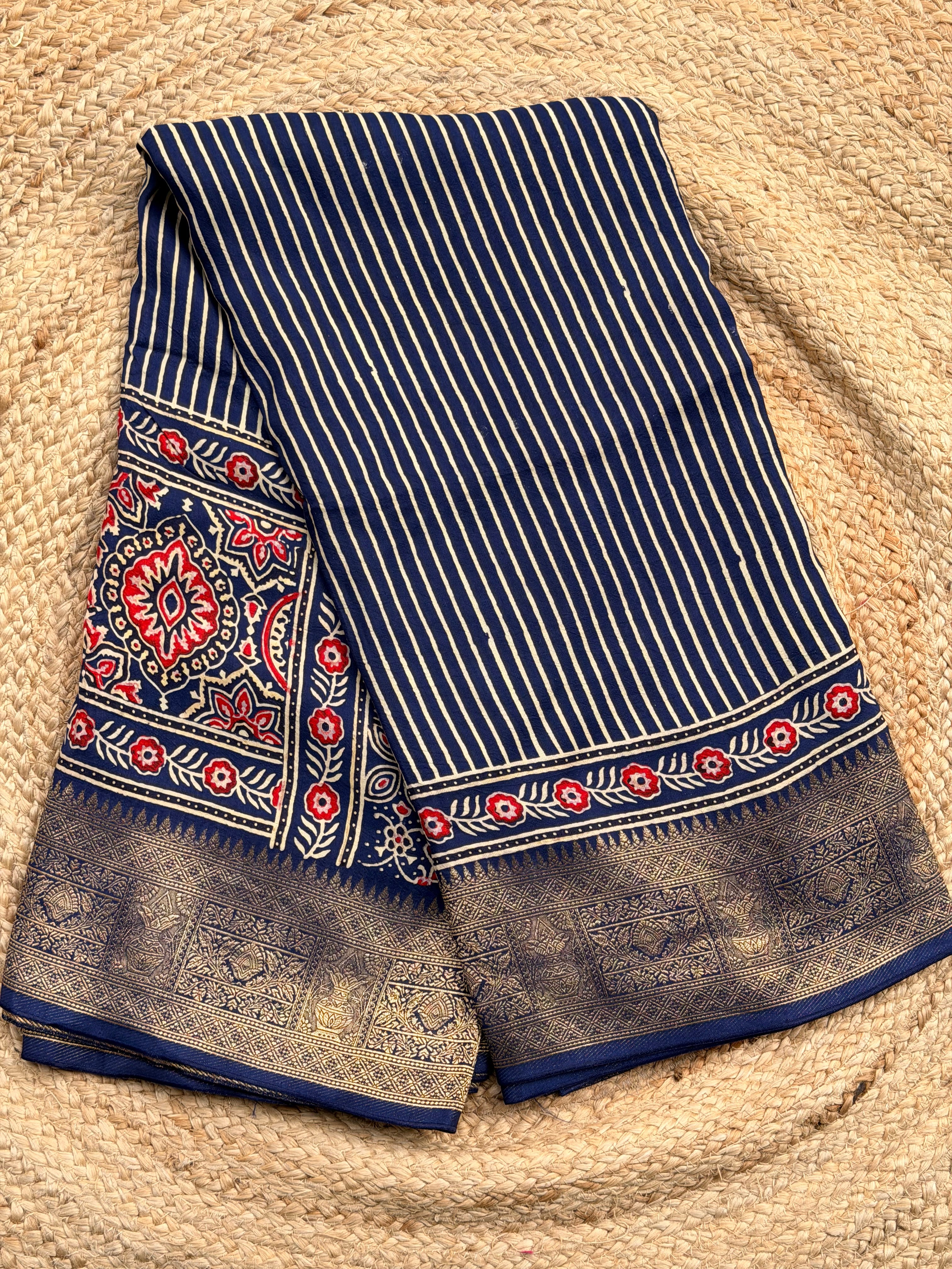 Deep blue ajrak dola silk with vertical stripes premium zari
