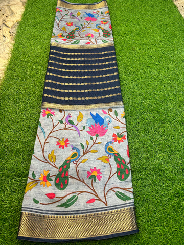Grey and navy blue semi crepe kalamkari saree.