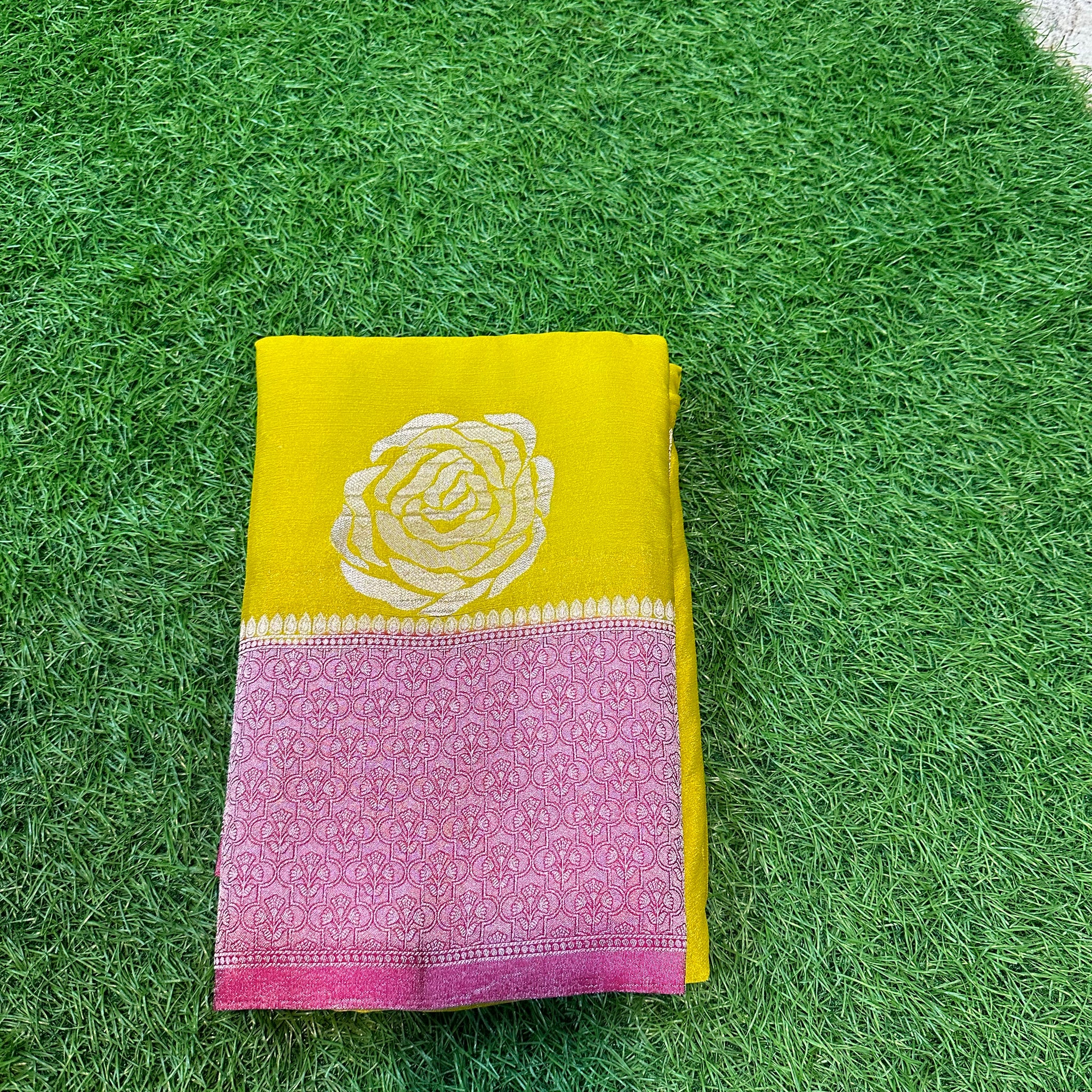 Yellow and pink soft crepe rose butta.