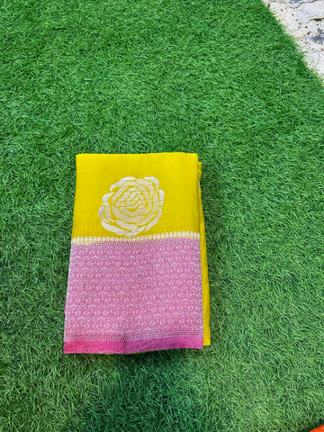 Yellow and pink soft crepe rose butta.