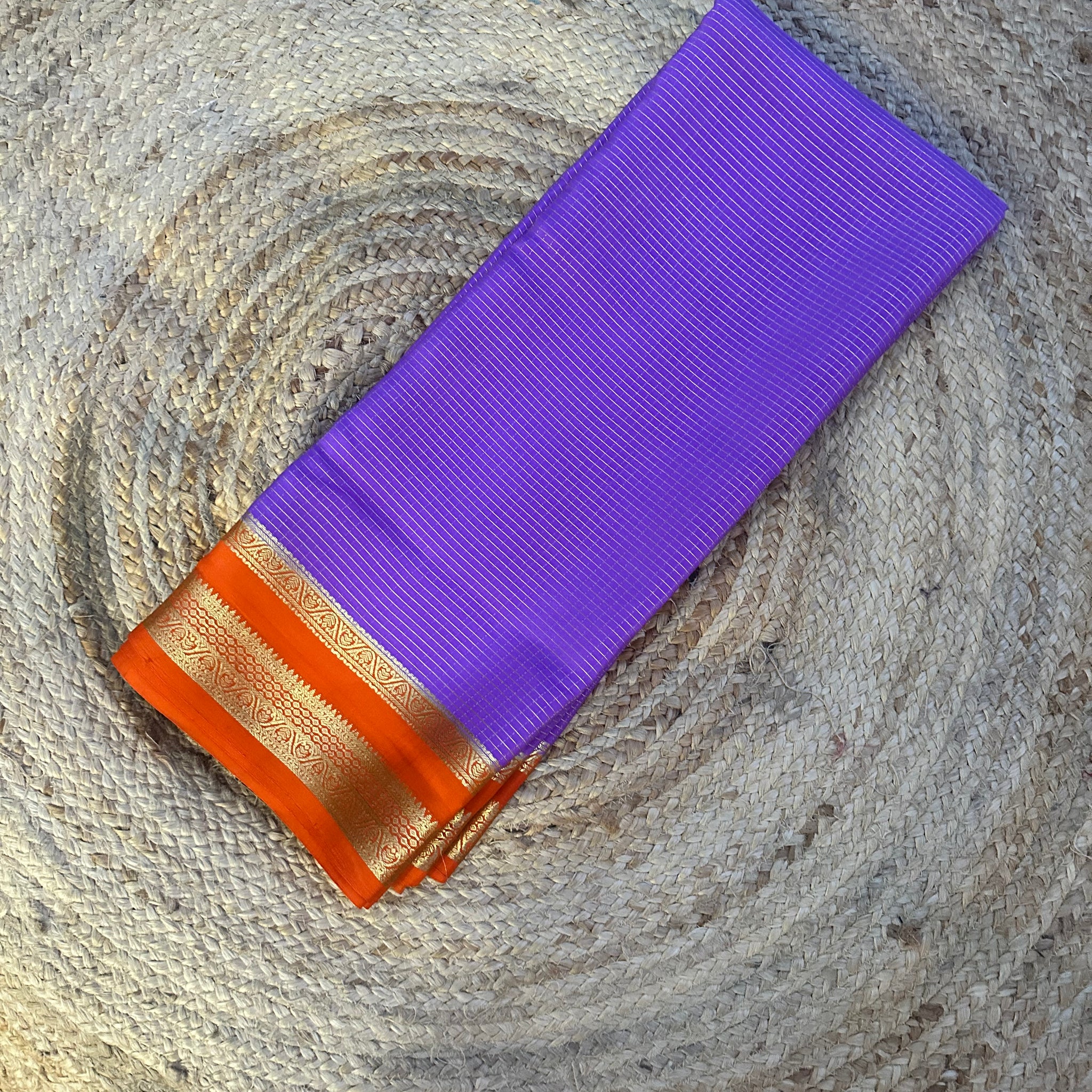 Lavender and orange checks pure crepe Mysore Silk sarees 120 gsm