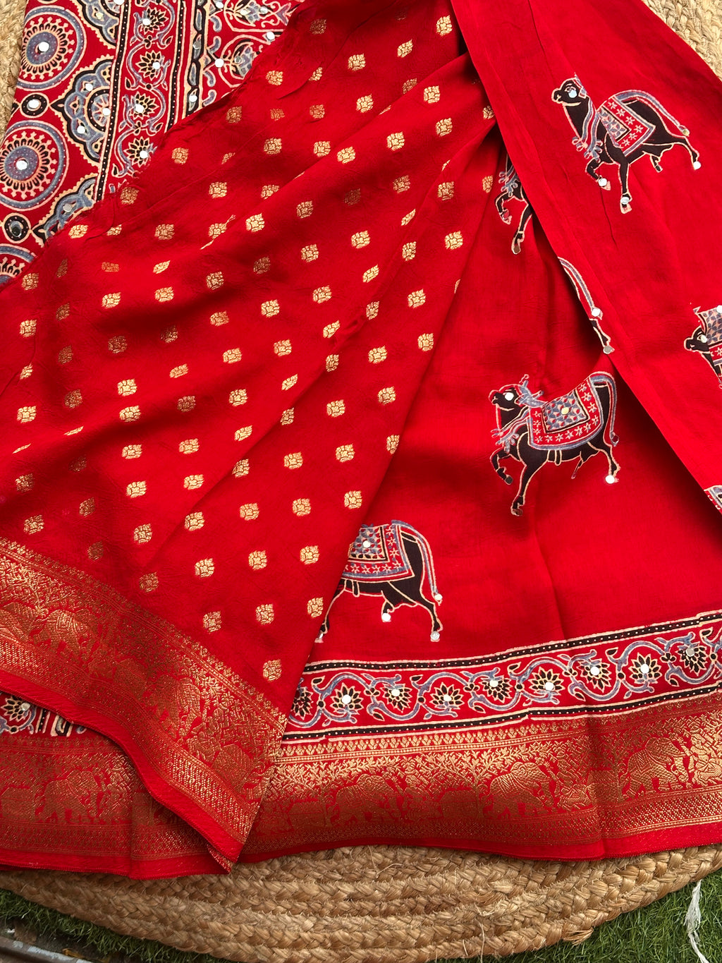 Red Ajrak dola mirror work with premium zari