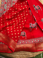 Red Ajrak dola mirror work with premium zari