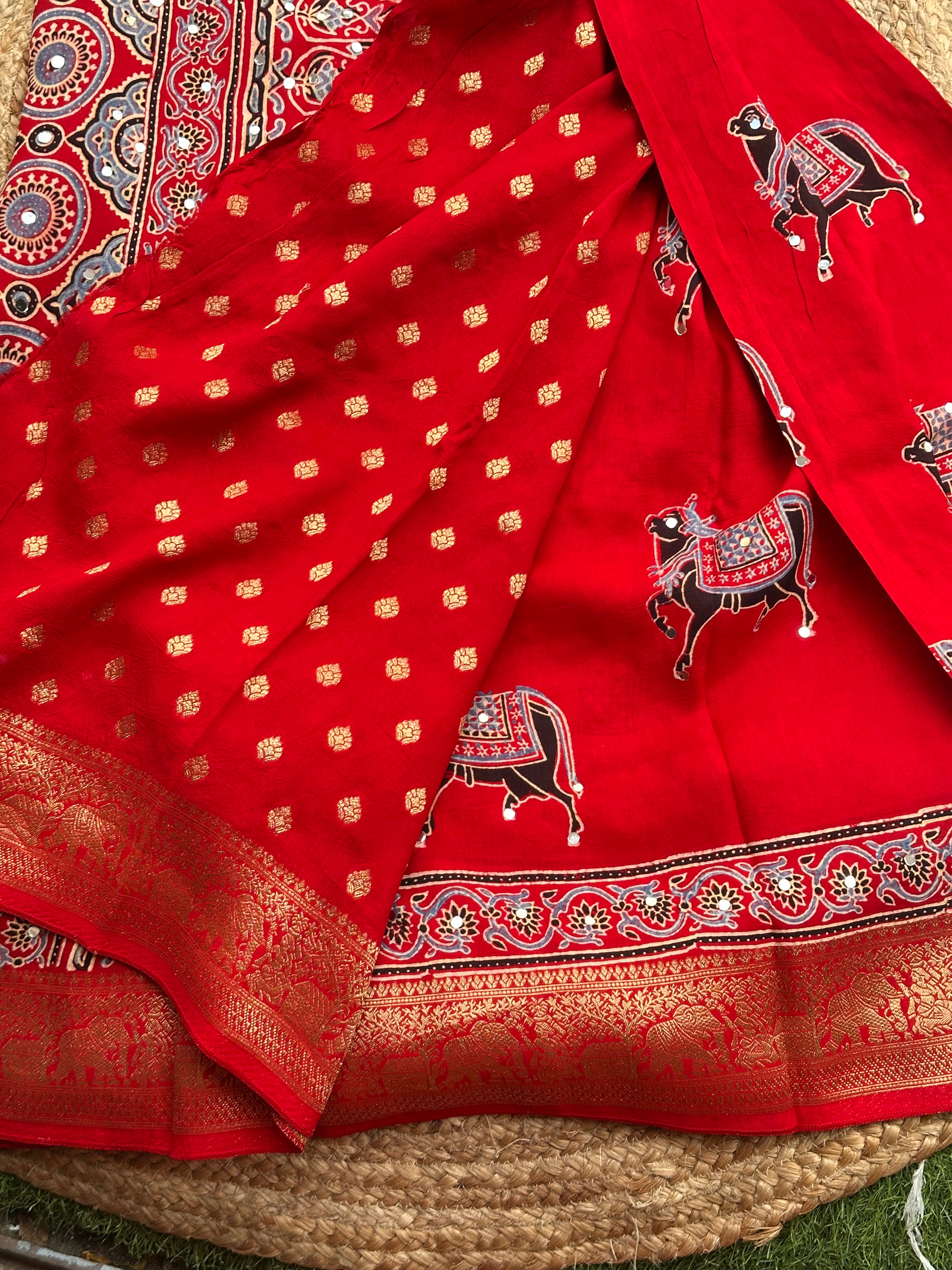 Red Ajrak dola mirror work with premium zari
