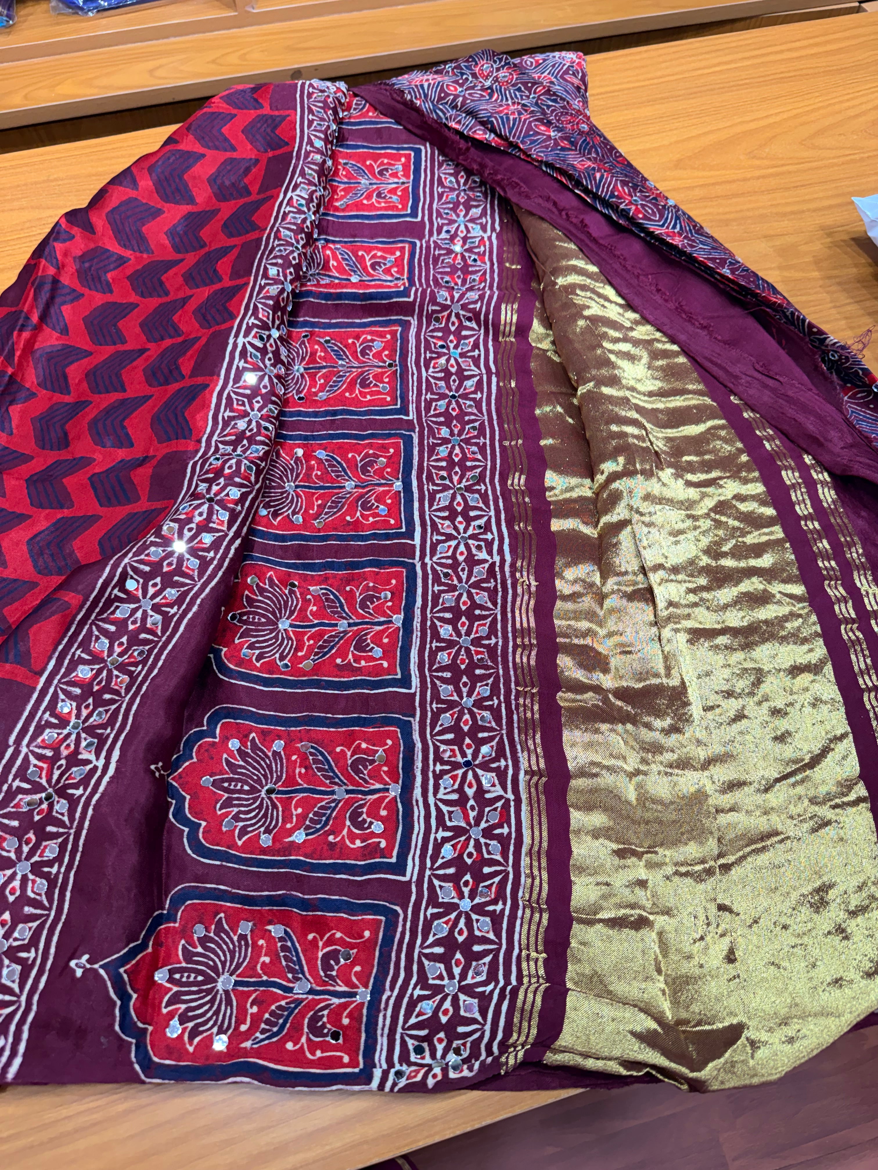 Maroon ajrak mirror work with tissue pallu
