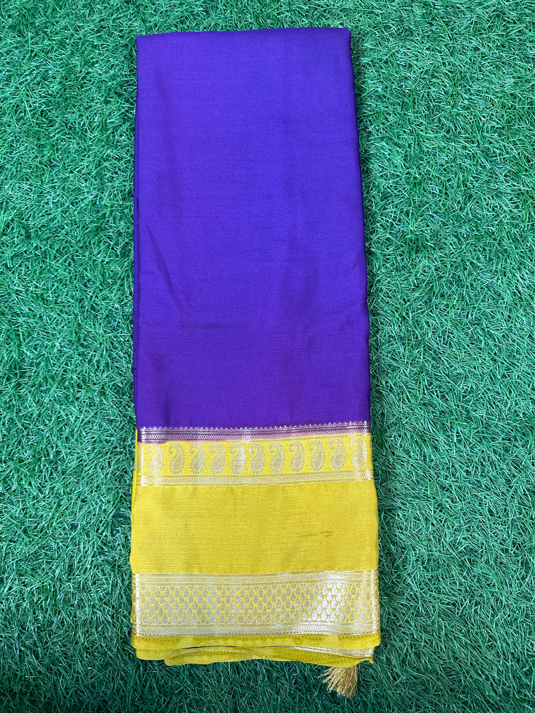 Purple and mustard Semi crepe Mysore Silk pattern