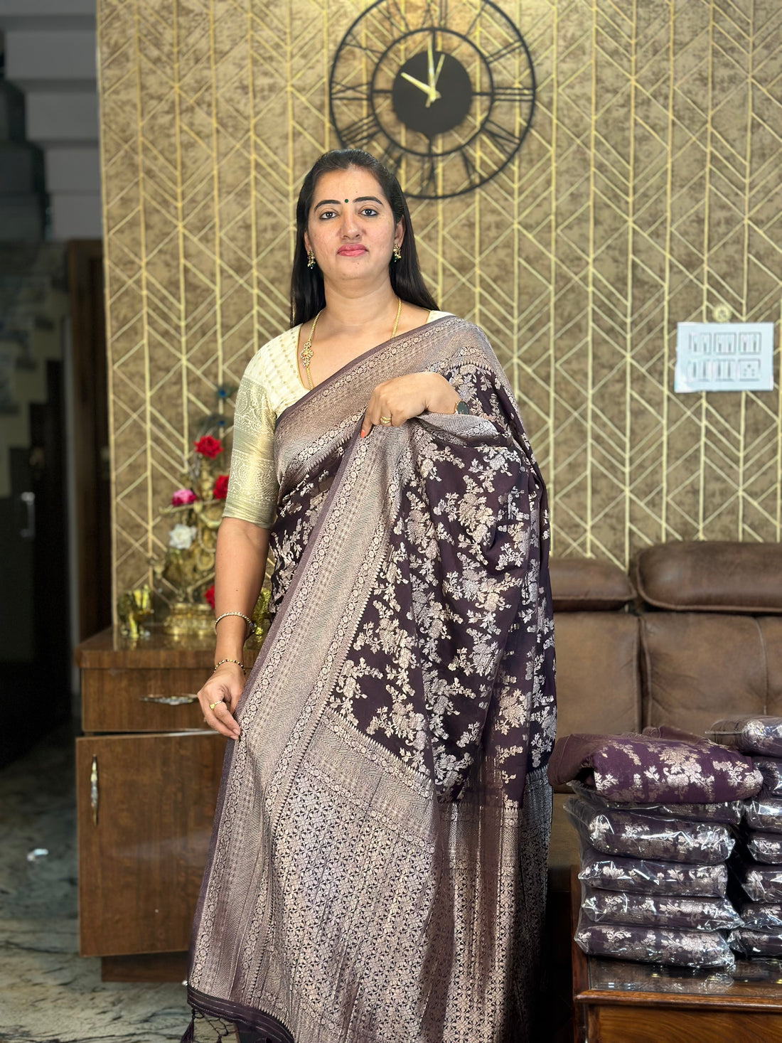 Chocolate brown crushed georgette sarees.