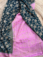 Deep green and lotus pink jaal pure crepe Banaras