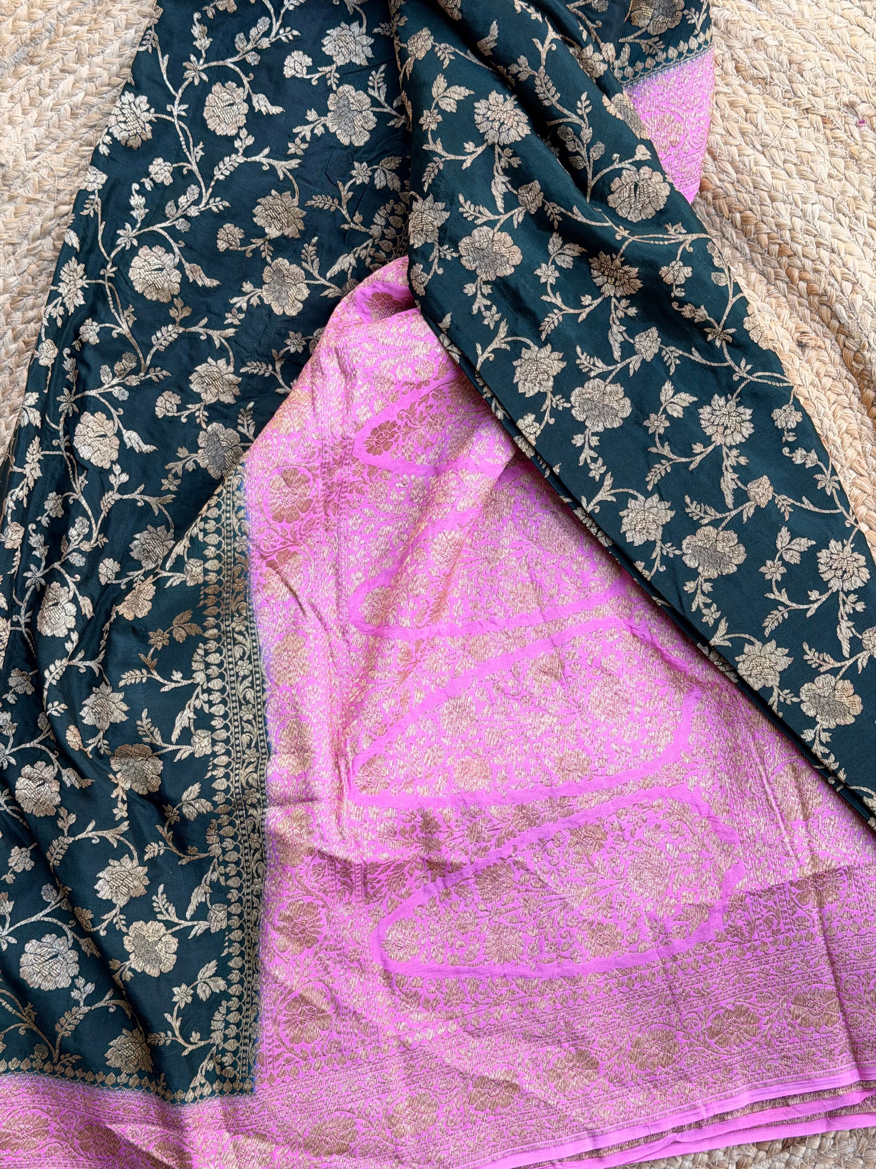 Deep green and lotus pink jaal pure crepe Banaras