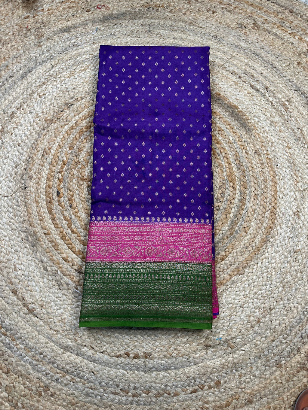 3D pattern purple and pink and green crepe chiffon sarees.