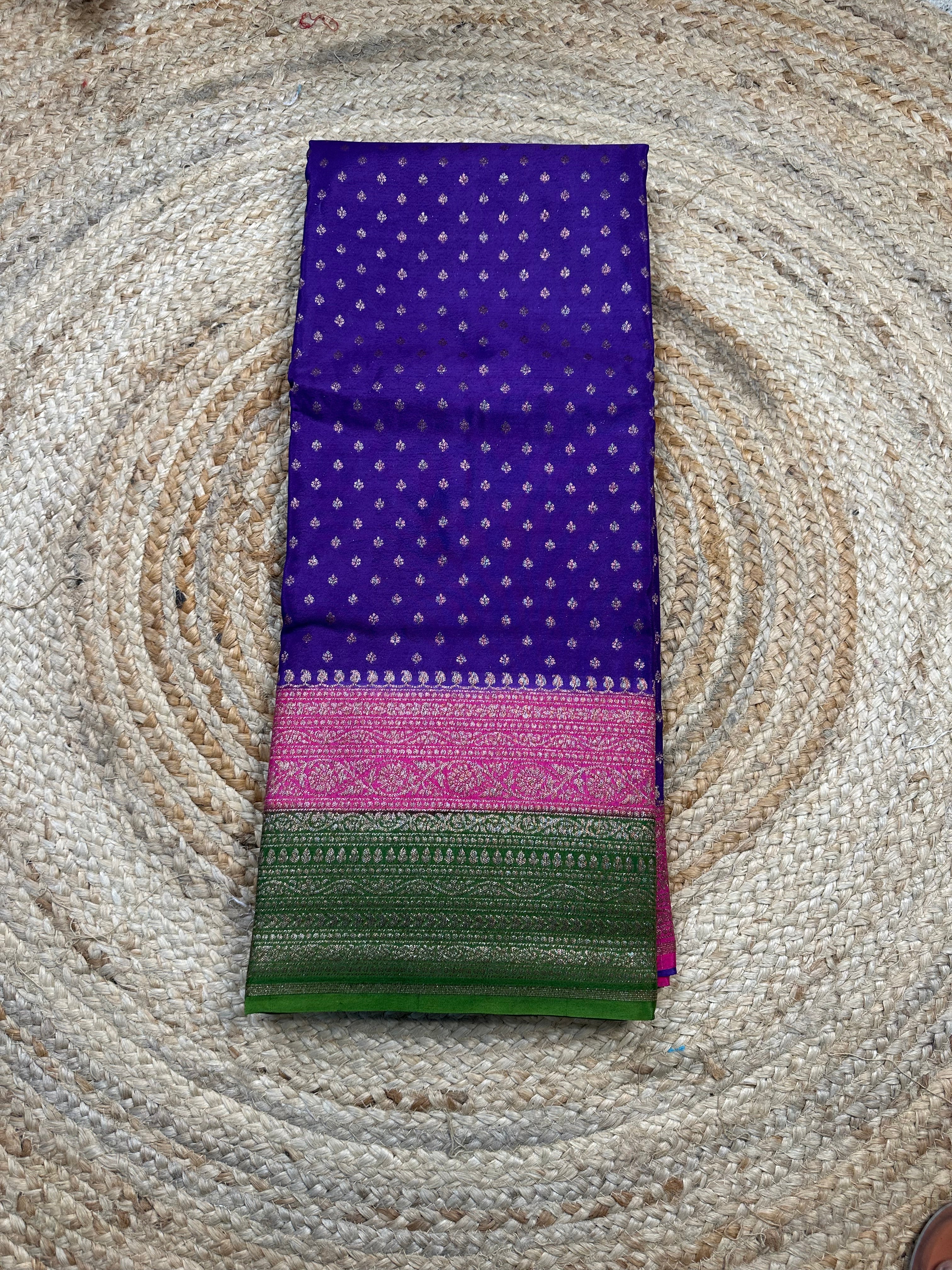3D pattern purple and pink and green crepe chiffon sarees.