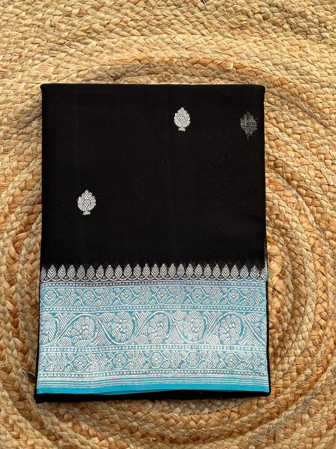 Black and sky blue pure khaddi chiffon silver zari woven