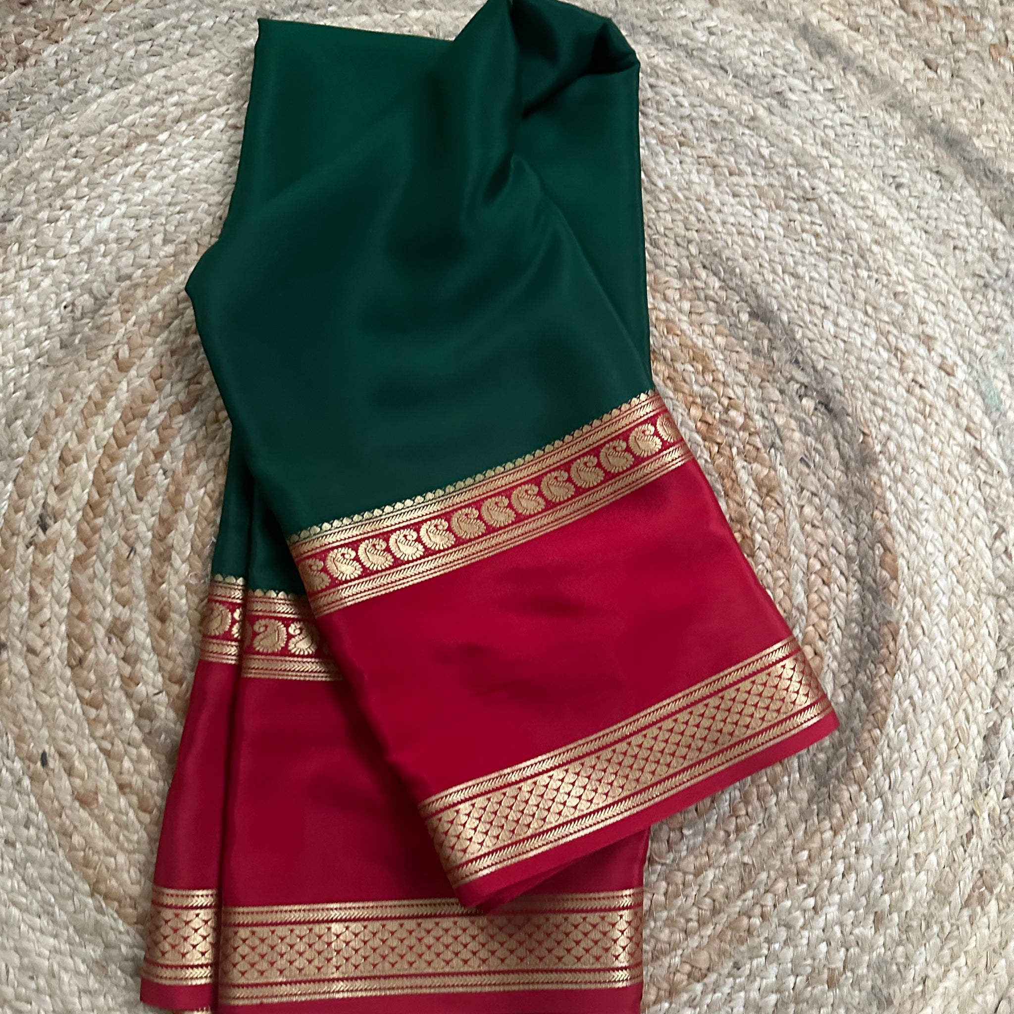 Red and green pure crepe Mysore Silk sarees 120gsm