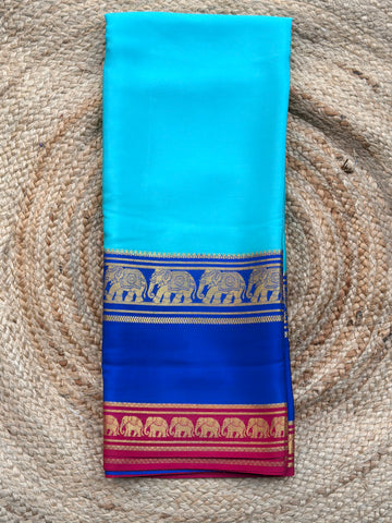 Mysuru Silk Crepe- Elephant 3 D Border (120 gsm) Sky blue with royal blue and pink border