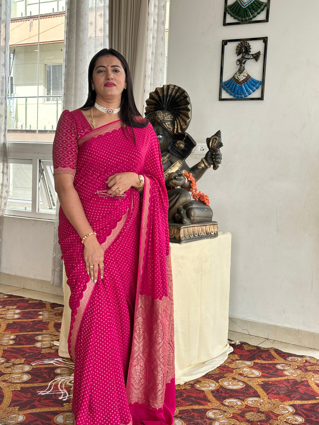 Rani pink pure crepe Banaras with scallops border silk mark certified