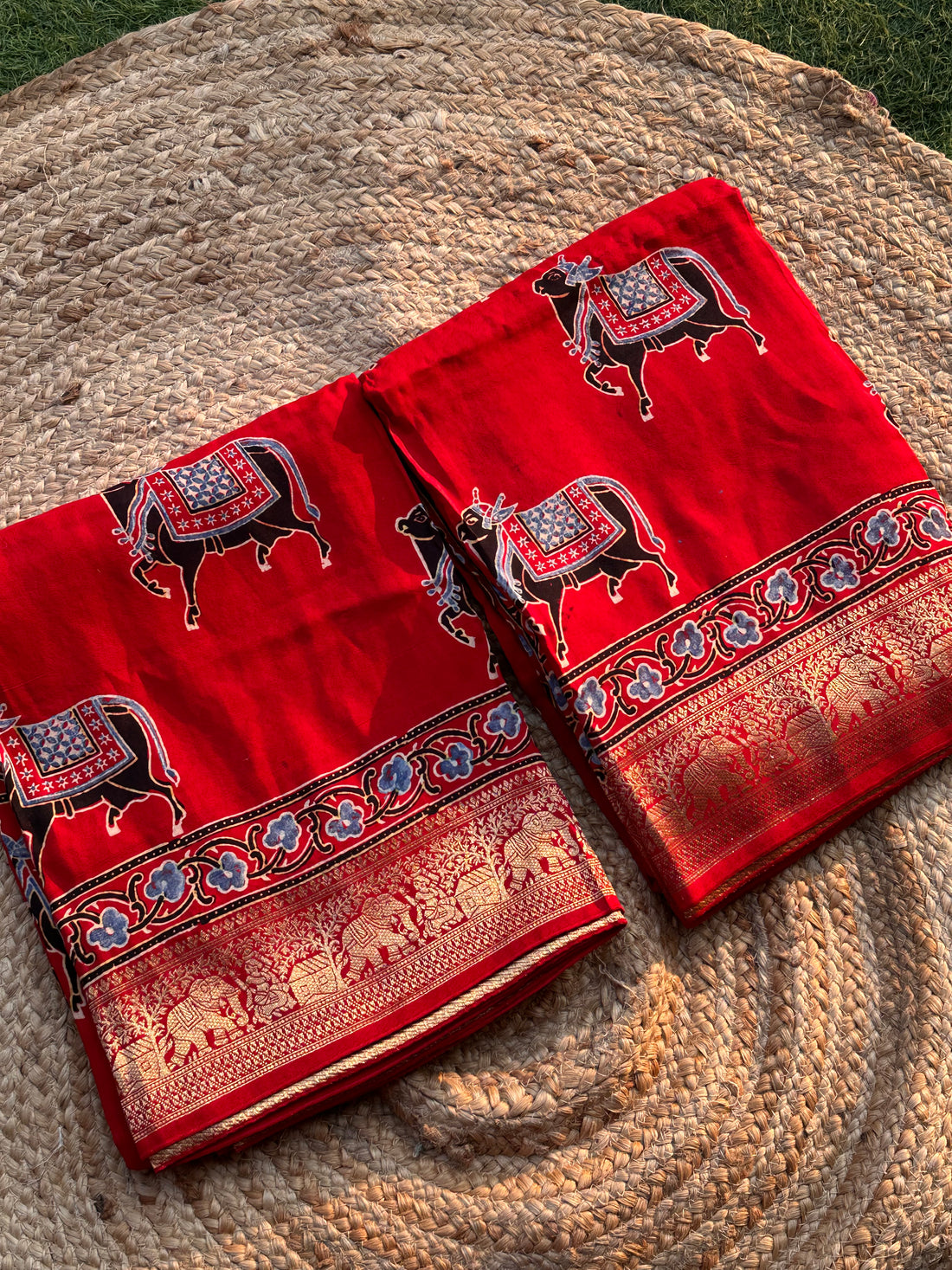 Hot red pure Ajrak dola silk cow prints