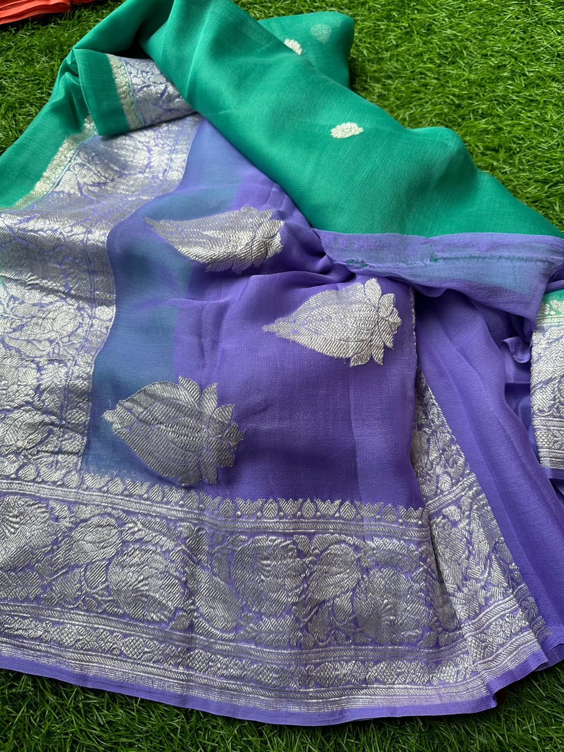 Sea green with lavender pure chiffon.