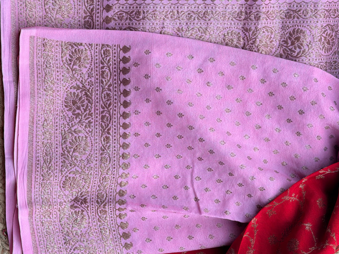 Red and pink Banarasi Crepe Chiffon in Jaal Pattern