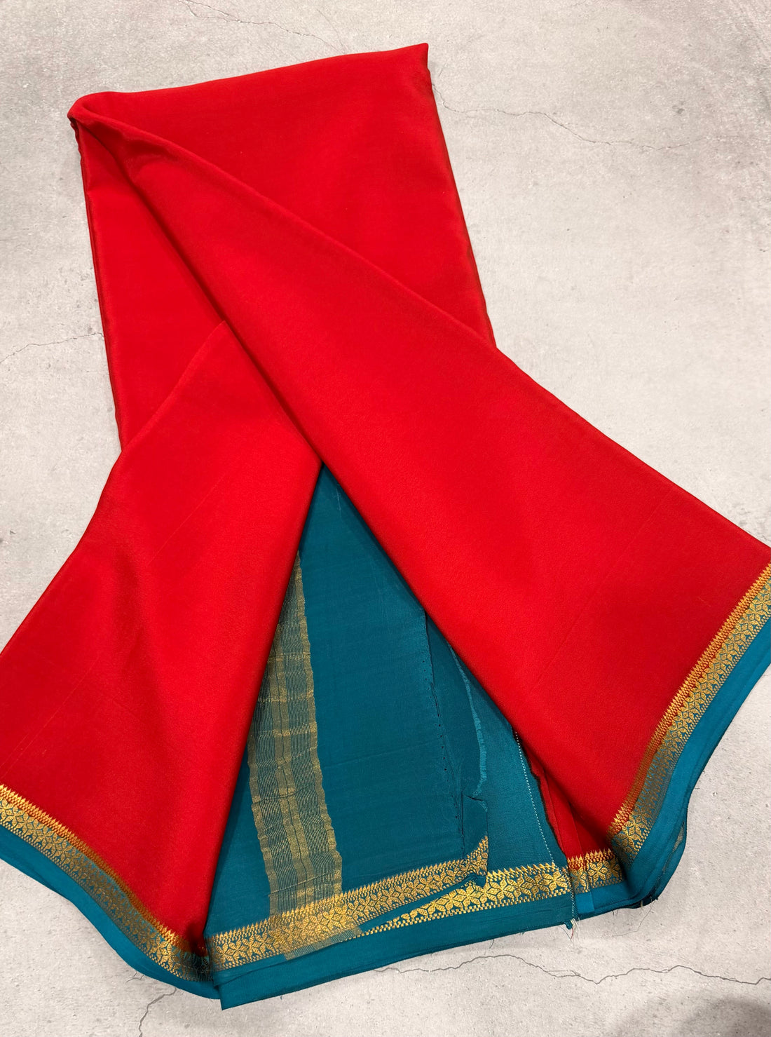 Red one inch border pure Mysore silk crepe saree