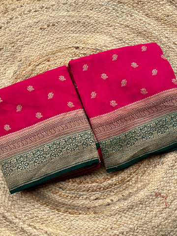 Pink purple and green 3D pure crepe Banaras silk handloom saree