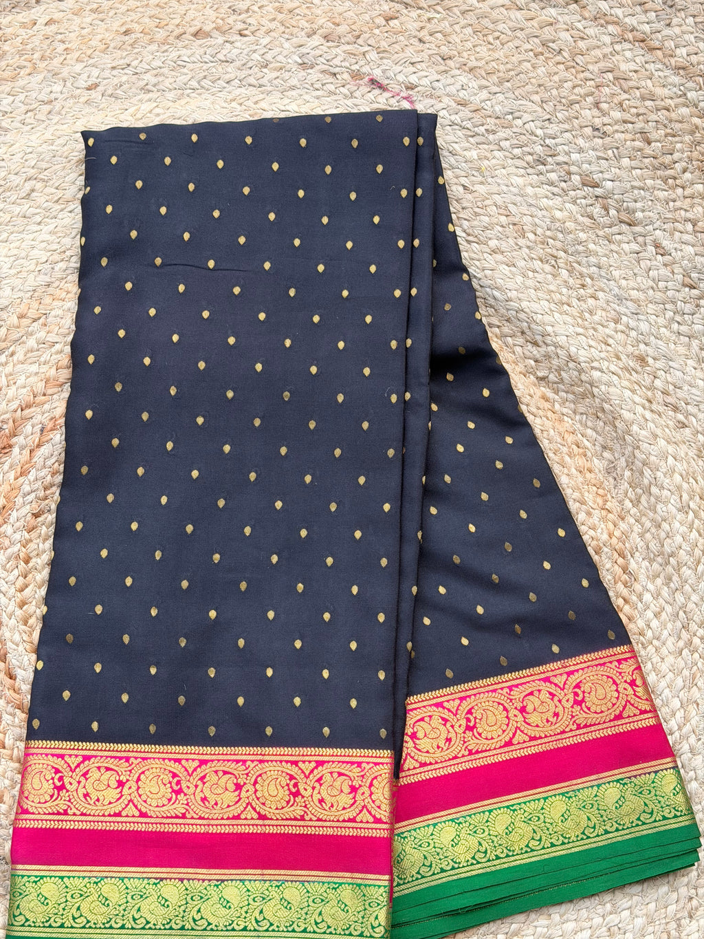 Black and pink thousand butta pure crepe Mysore silk sarees 120 gsm
