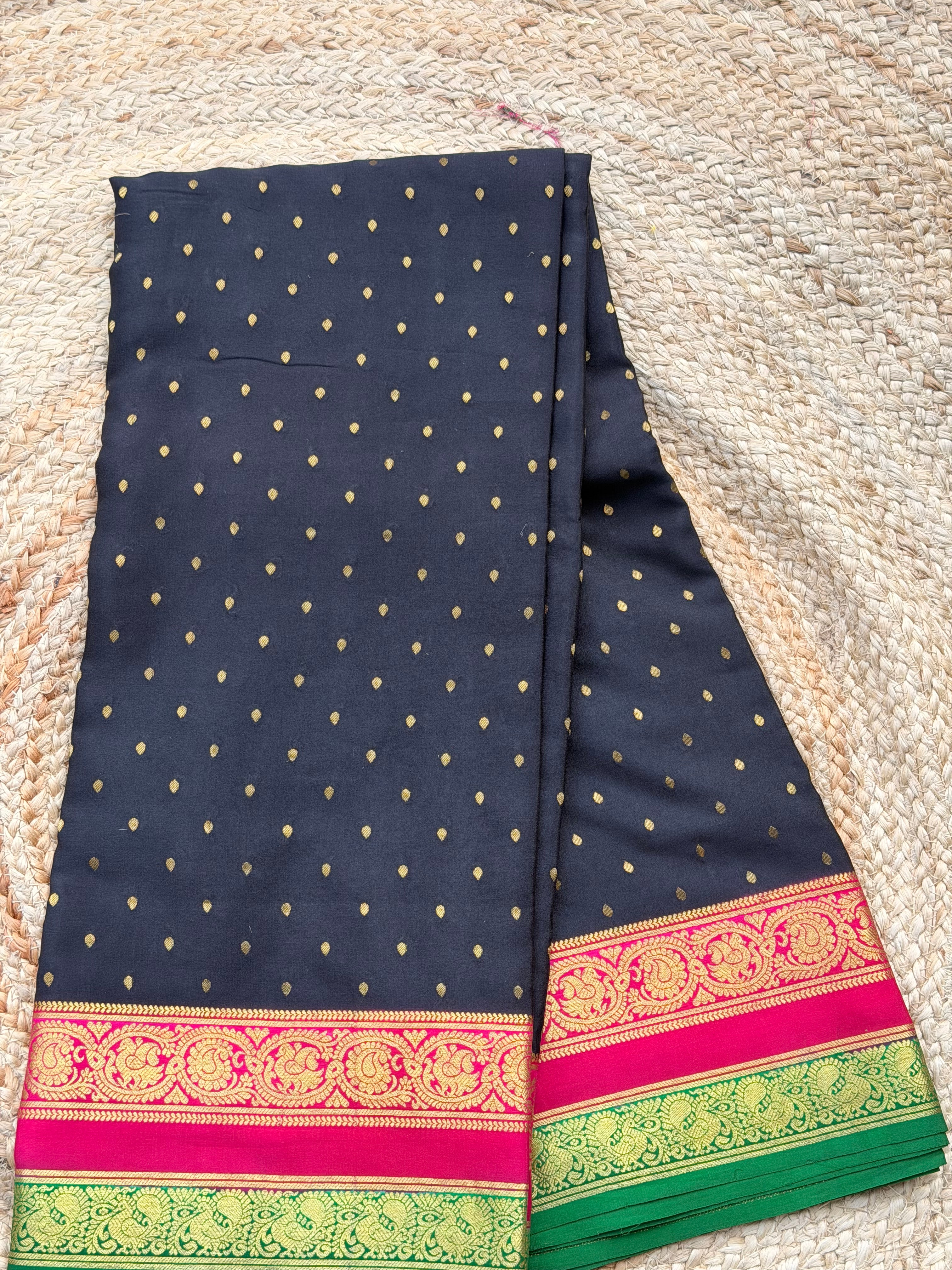 Black and pink thousand butta pure crepe Mysore silk sarees 120 gsm