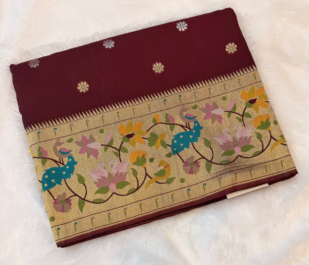 Brown pure paithani swan & peacock border saree