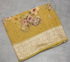 Pastel yellow digital print Banarasi pure tissue chiffon saree sliver zari saree