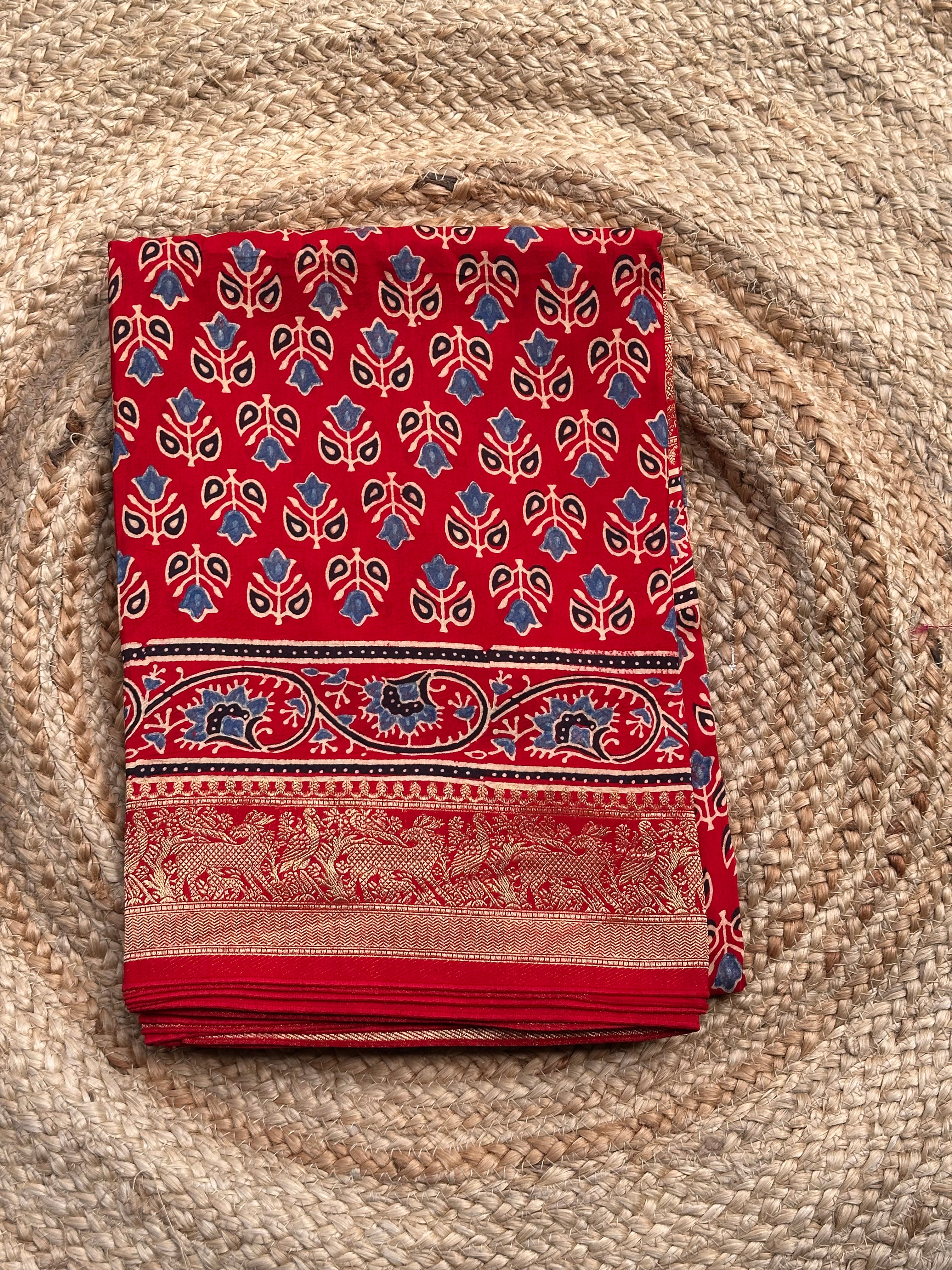 Red pure Ajrak dola silk sarees