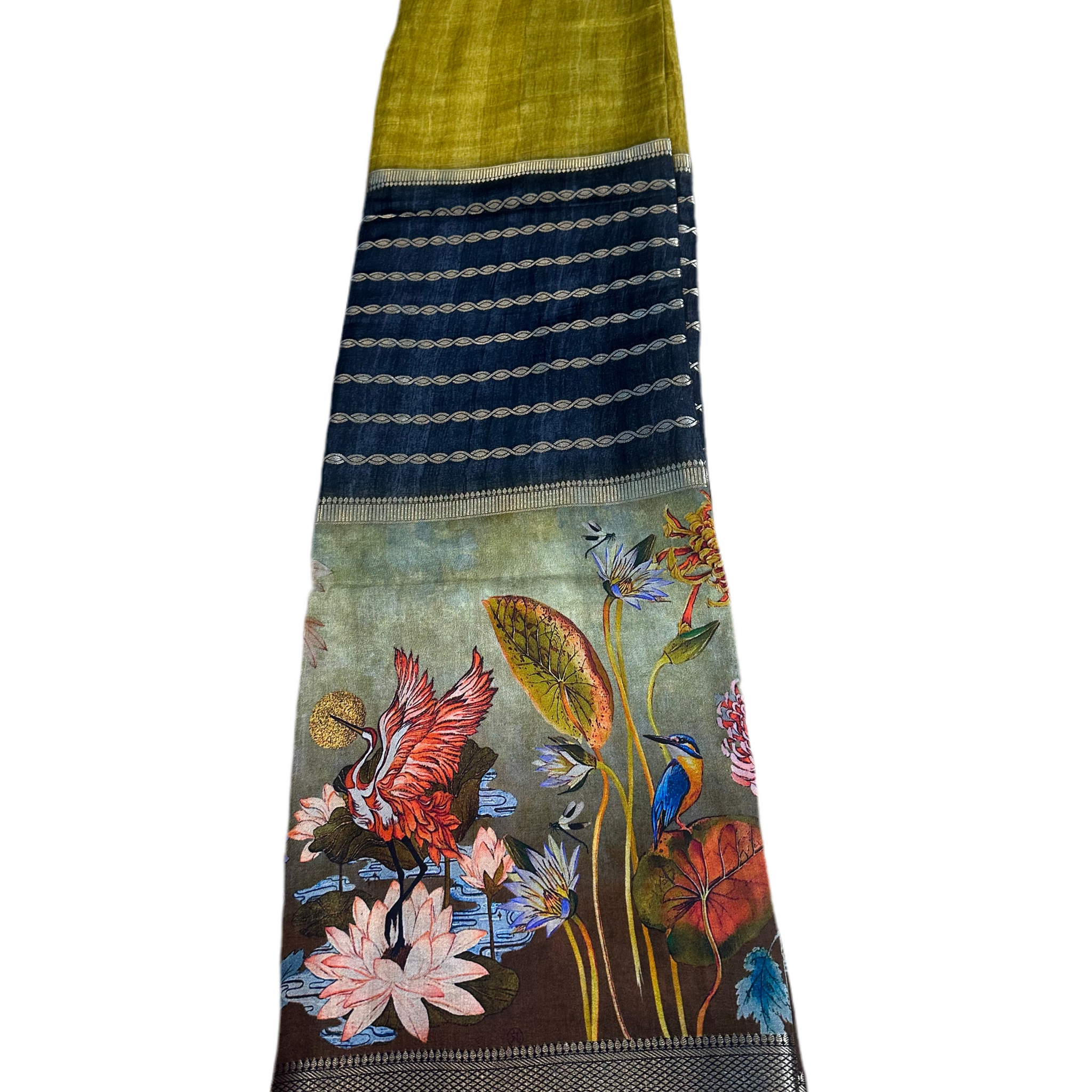 Black and mustard kalamkari digital crepe.