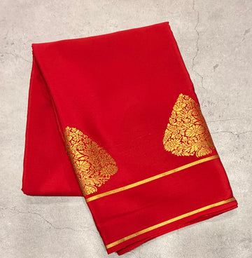 Red leaf big butta pure Mysore silk crepe saree