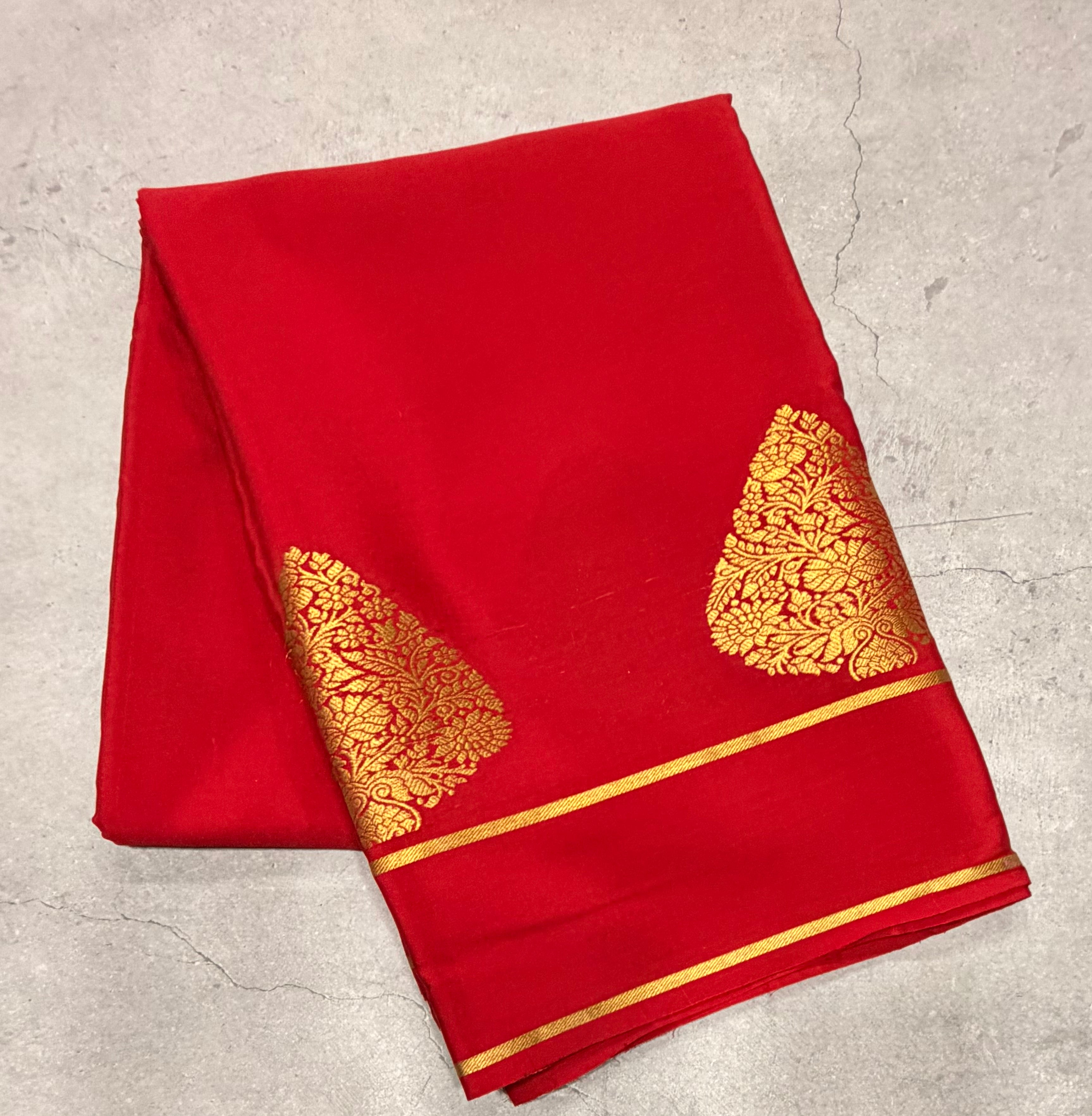 Red leaf big butta pure Mysore silk crepe saree