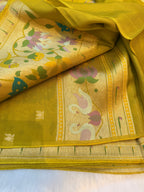 Neon green pure paithani swan & peacock border saree