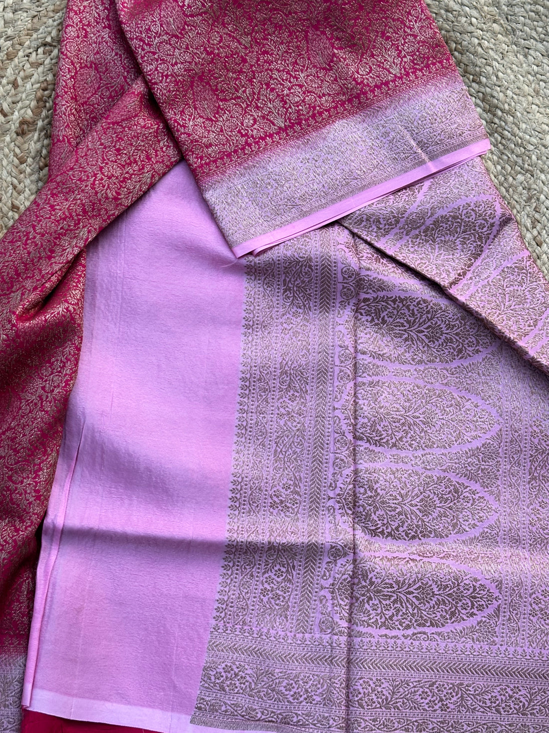 Punk with lotus pink pure brocade crepe Banaras saree