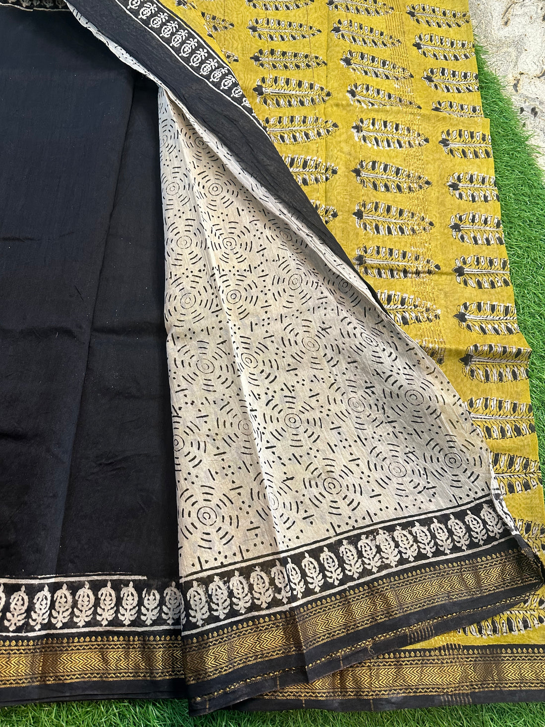 Black and mustard Maheshwari silk.