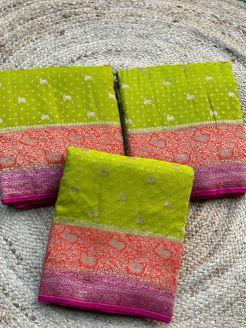 Neon green with orange and pink 3D pure crepe Banaras silk sarees
