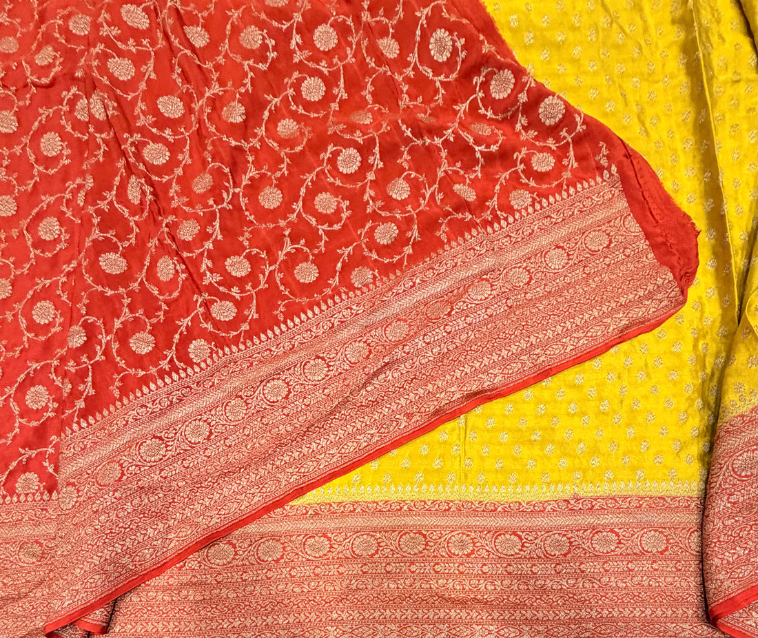 Mustard yellow pure benarasi crepe silk saree