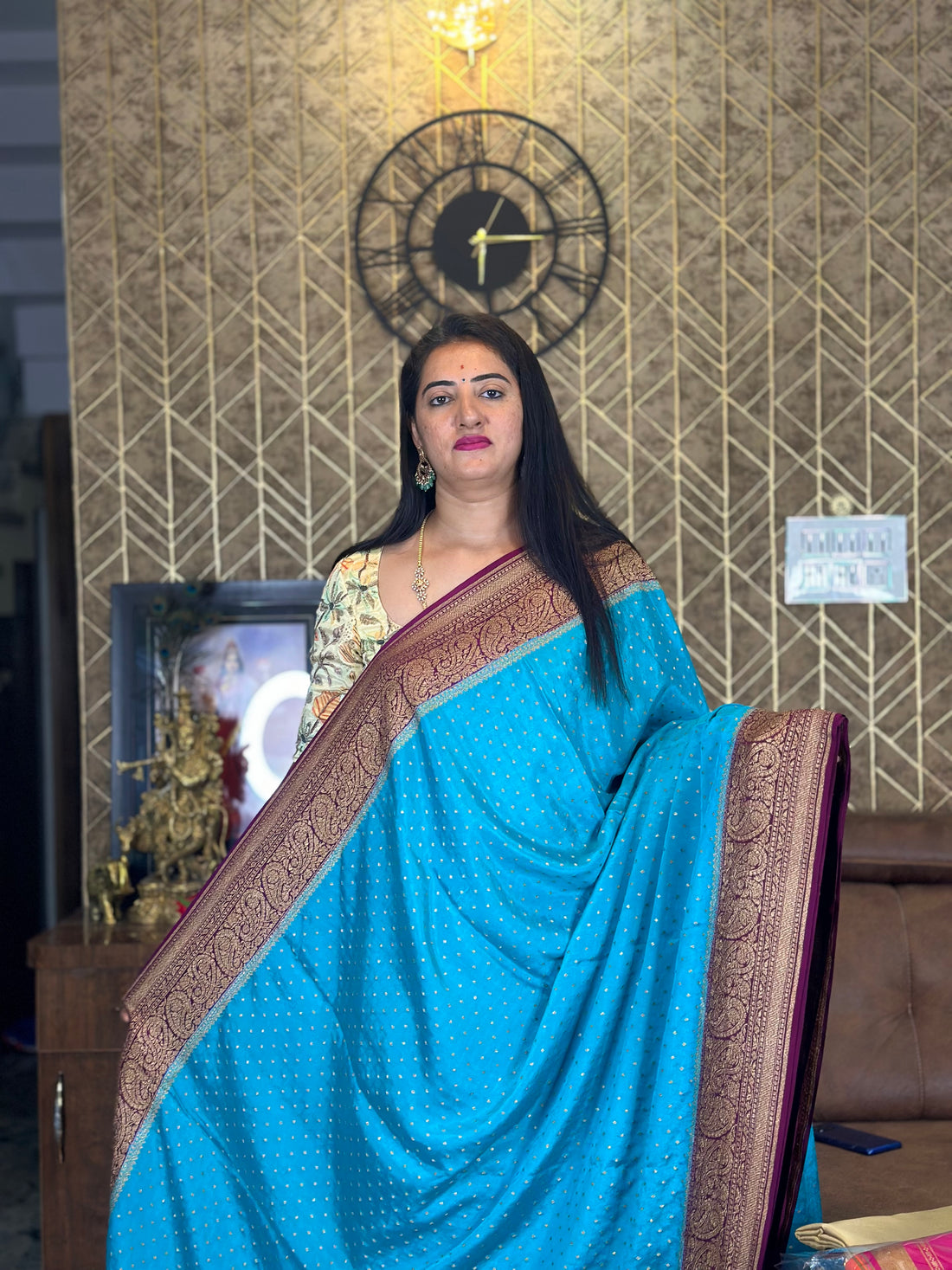 Blue with dark mejentha pure crepe Banaras silk sarees.