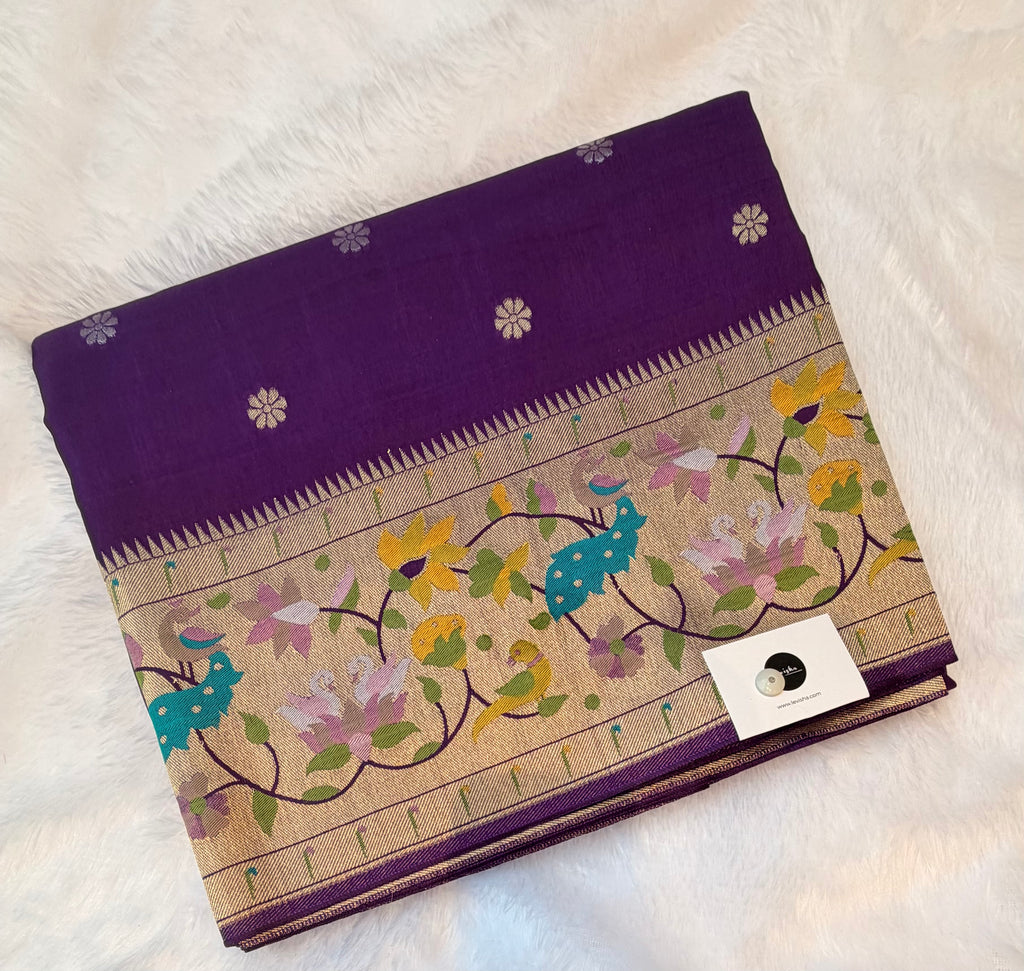Purple pure paithani swan & peacock border saree