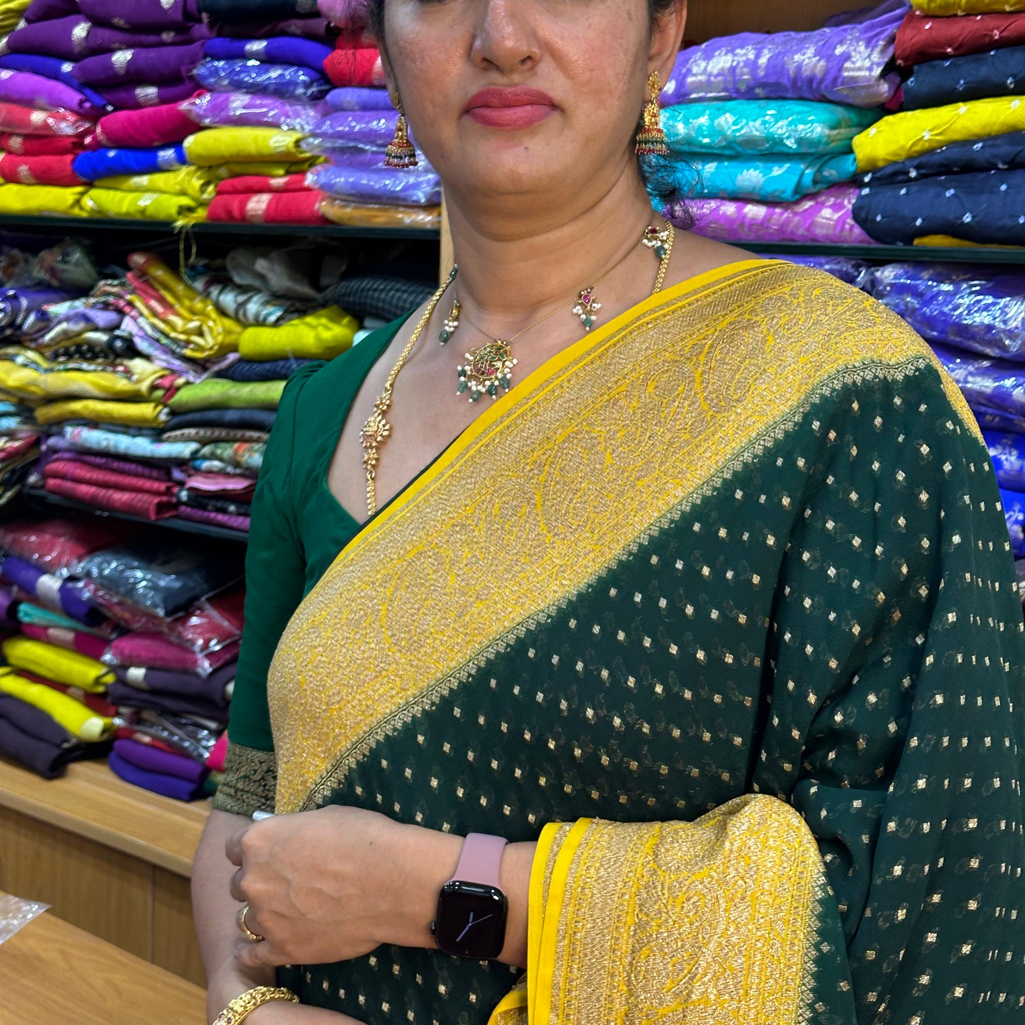 Green and mustard pure khaddi Georgette sarees
