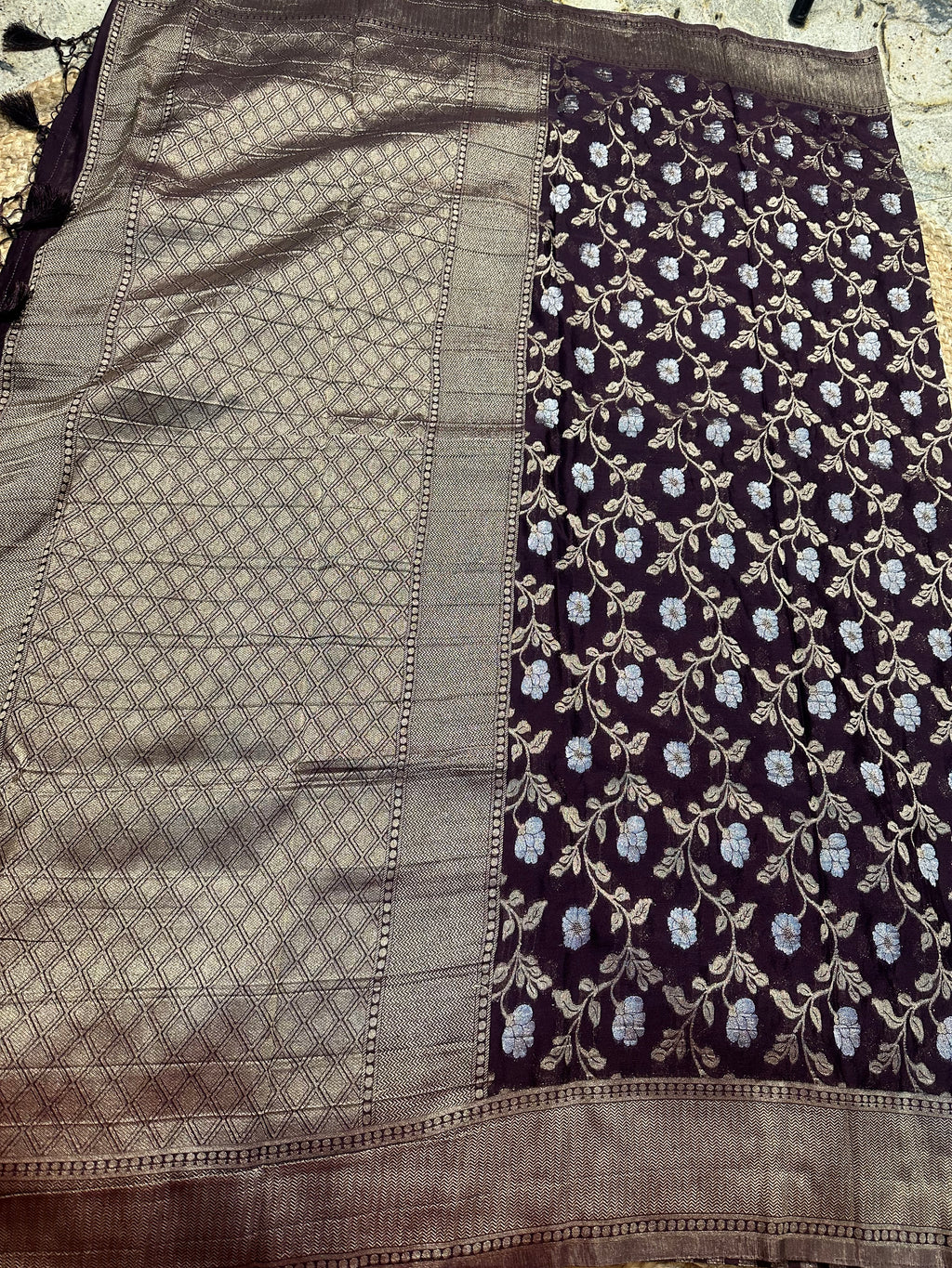 Coffee brown designer georgette jaal pattern saree.