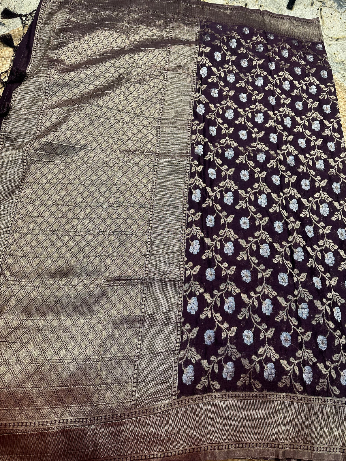 Coffee brown designer georgette jaal pattern saree.