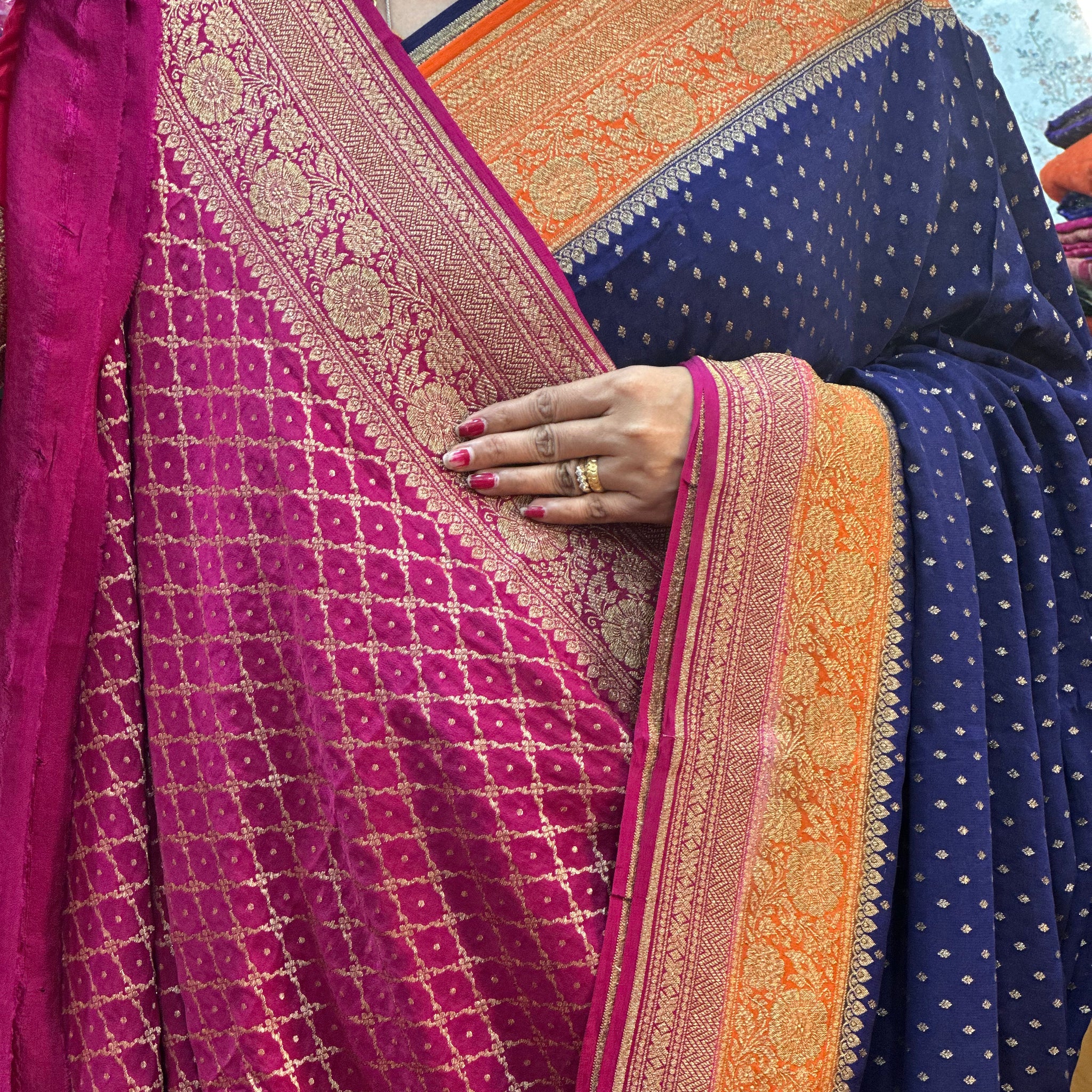 Blue with pink pure crepe Banaras with brocade blouse