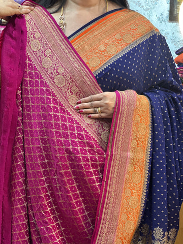 Blue with pink pure crepe Banaras with brocade blouse