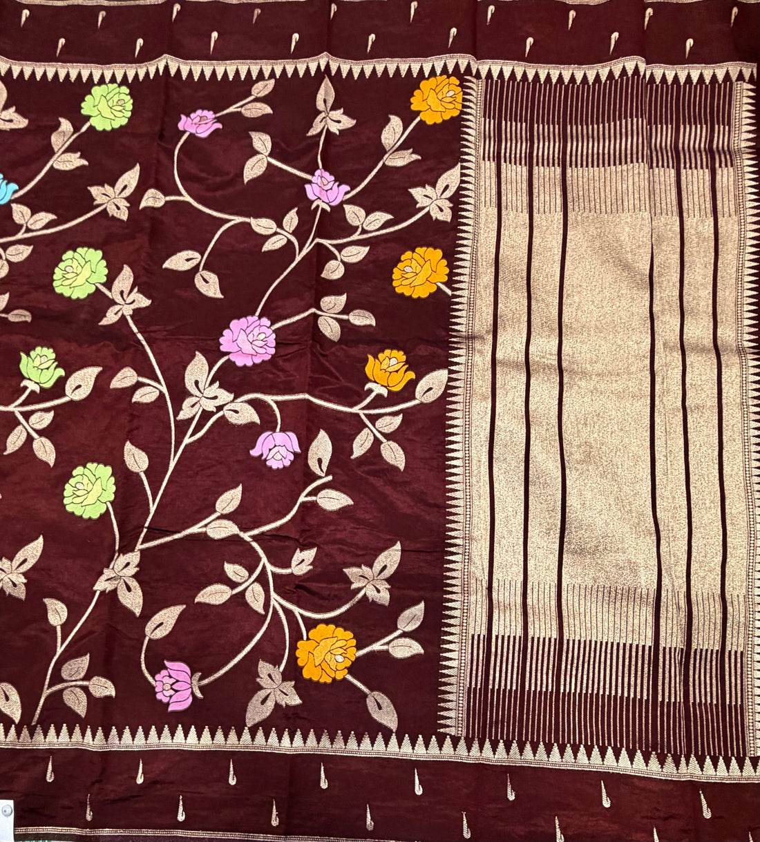 Dark brown temple border tusser Paithani saree