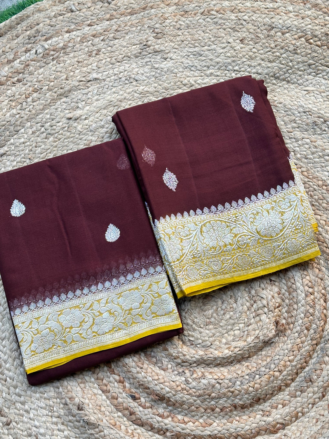 Deep coffee brown pure khaddi chiffon silver zari woven