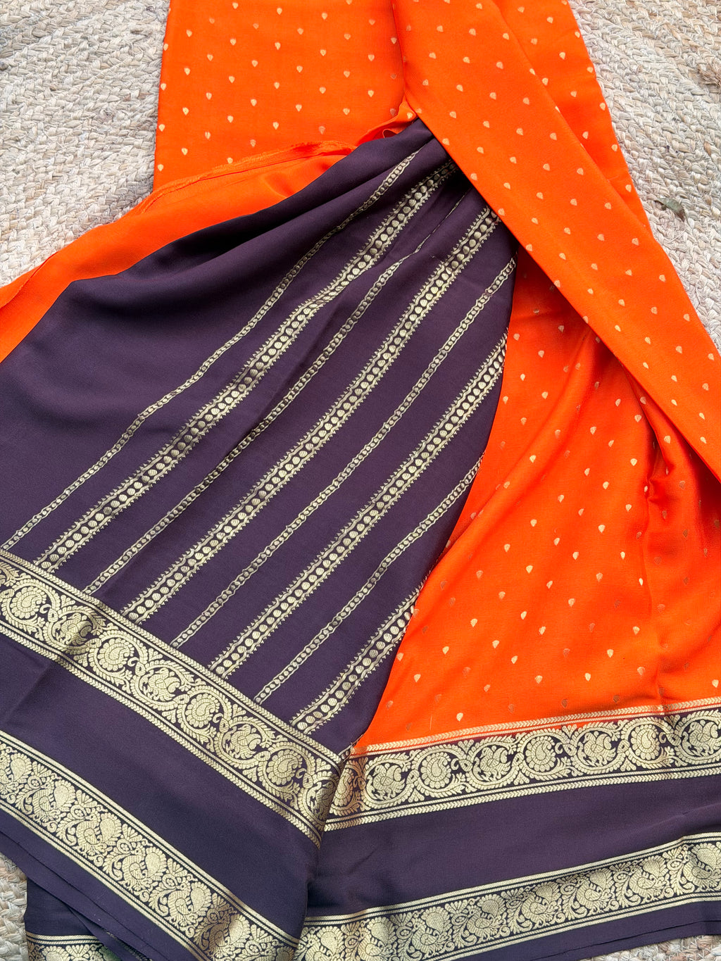 Orange and deep coffee brown 1000 butta pure crepe Mysore silk 120 gsm